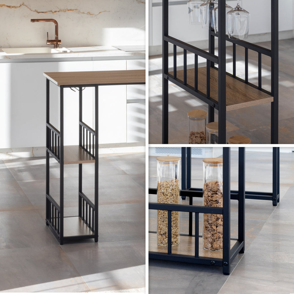 GAVIN - Mesa de bar 110x50 cm, altura 105 cm, con 2 estantes y portacopas, estructura de acero, estilo industrial, negro