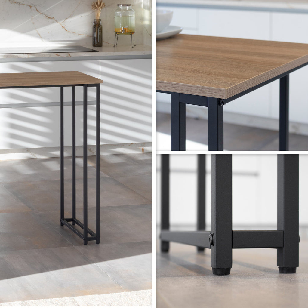 GAVIN - Mesa de bar 110x50 cm, altura 105 cm, con 2 estantes y portacopas, estructura de acero, estilo industrial, negro