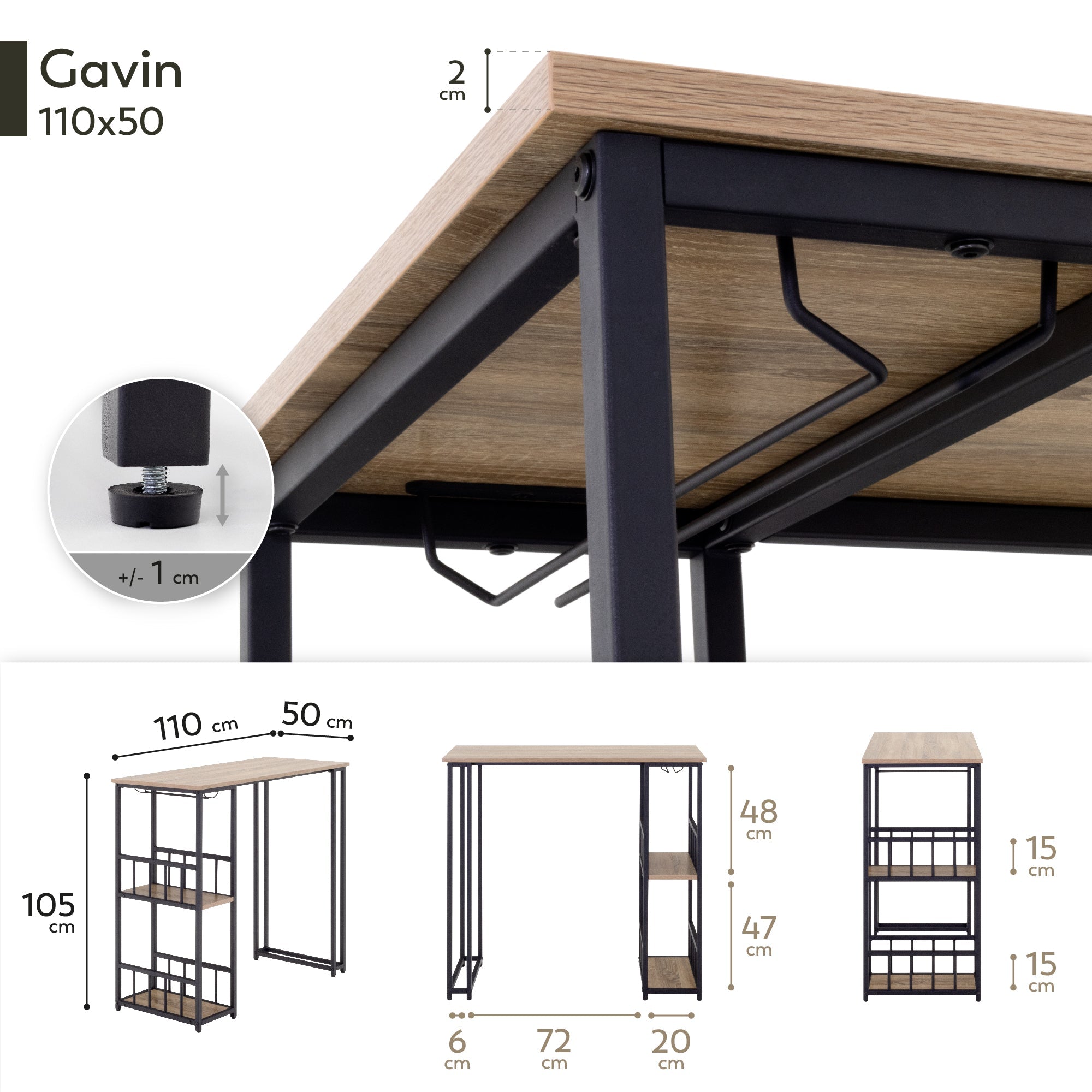 GAVIN - Mesa de bar 110x50 cm, altura 105 cm, con 2 estantes y portacopas, estructura de acero, estilo industrial, negro