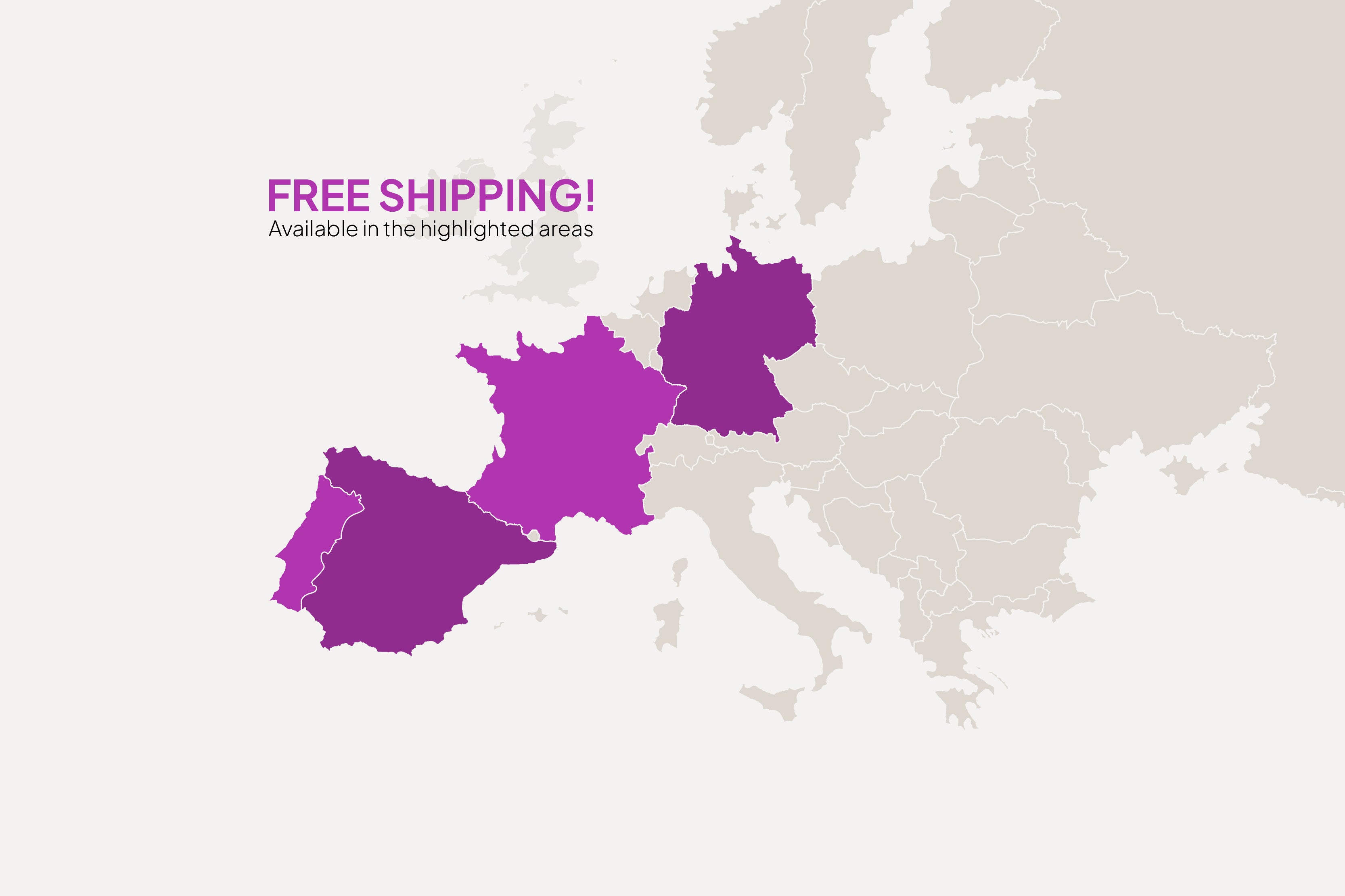 Map of Europe with highlighted regions indicating free shipping areas.