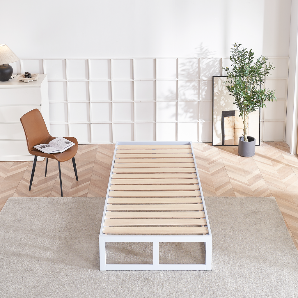 HARUKI Single Bed Frame (White) | Clean, Minimalist Aesthetic | Sturdy Wood Slats, Easy Preassembled Setup