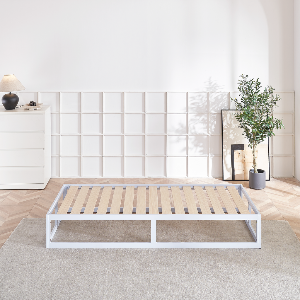 HARUKI Single Bed Frame (White) | Clean, Minimalist Aesthetic | Sturdy Wood Slats, Easy Preassembled Setup