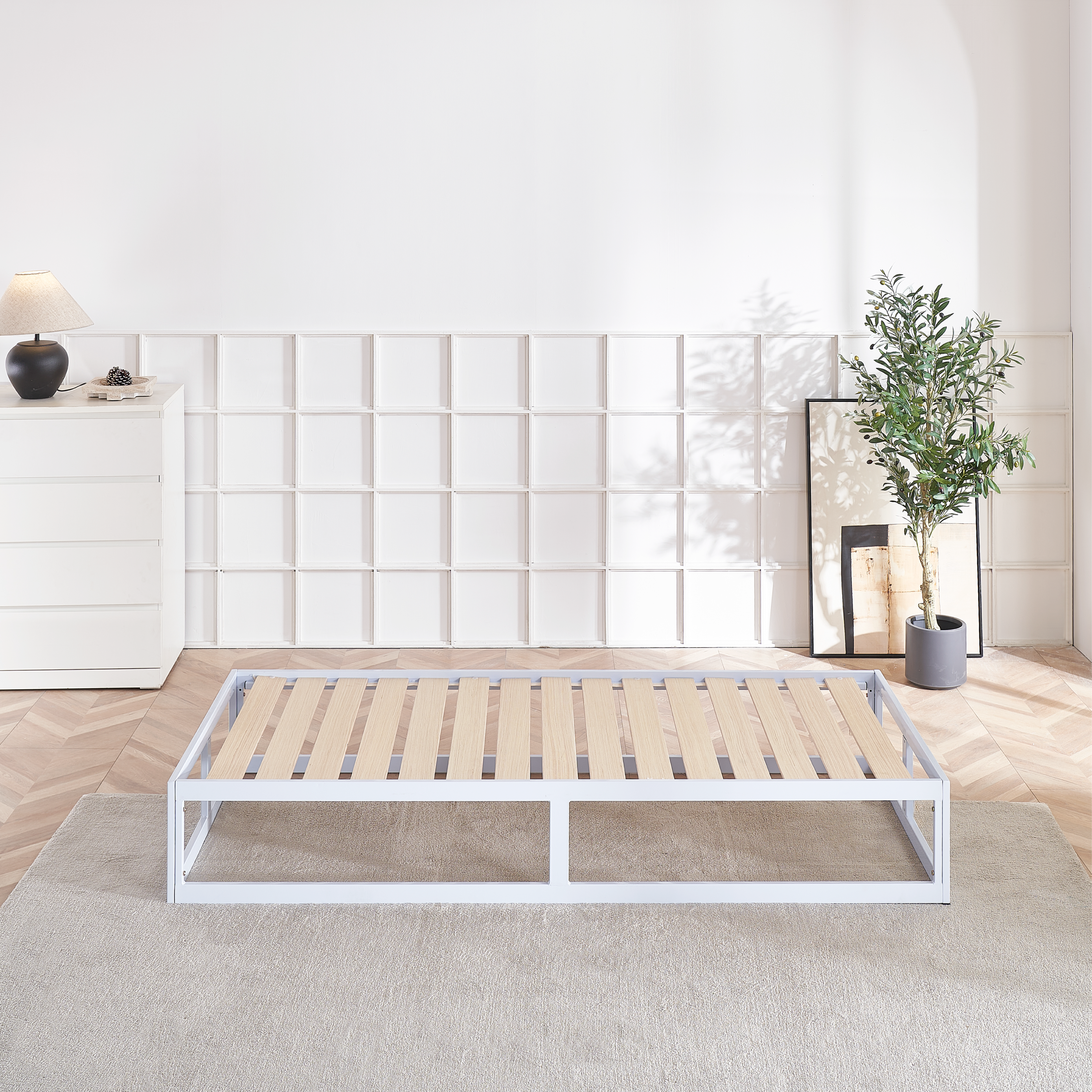 HARUKI Single Bed Frame (White) | Clean, Minimalist Aesthetic | Sturdy Wood Slats, Easy Preassembled Setup