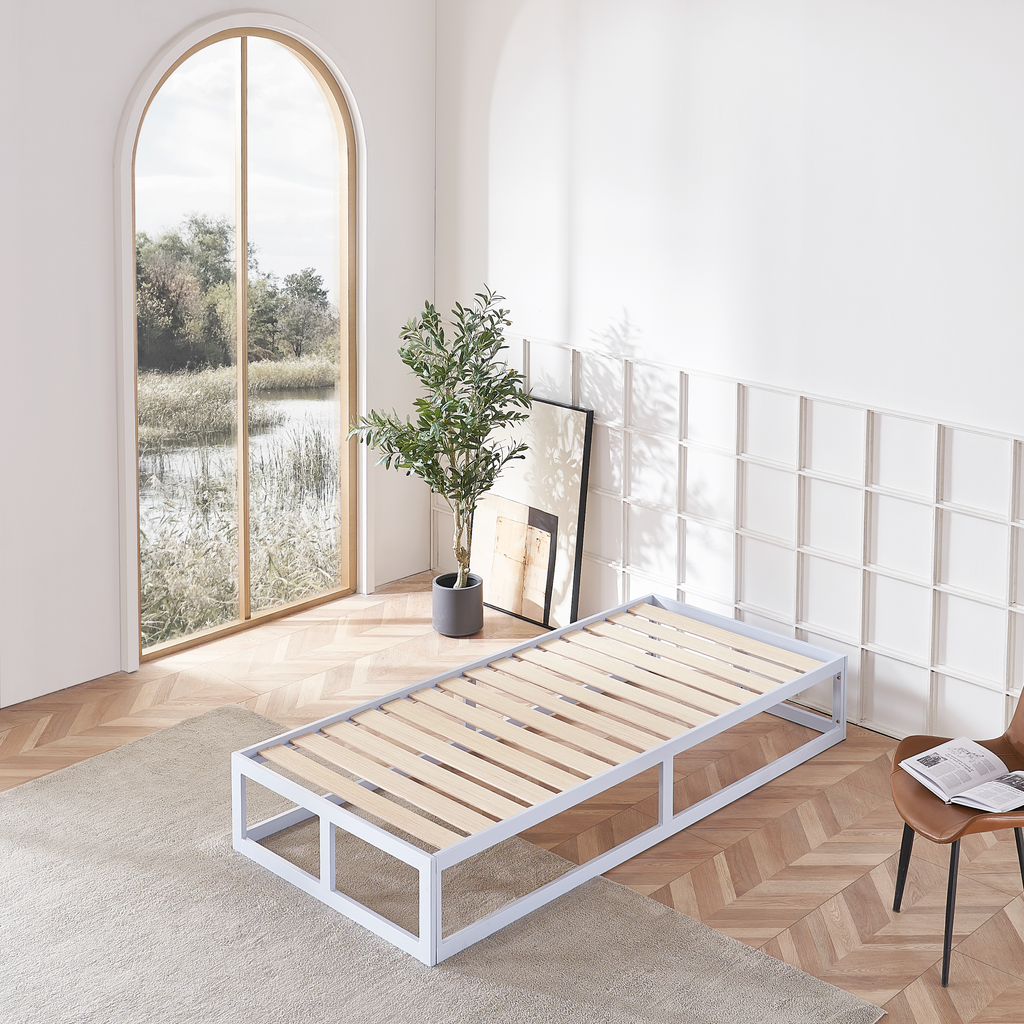HARUKI Single Bed Frame (White) | Clean, Minimalist Aesthetic | Sturdy Wood Slats, Easy Preassembled Setup