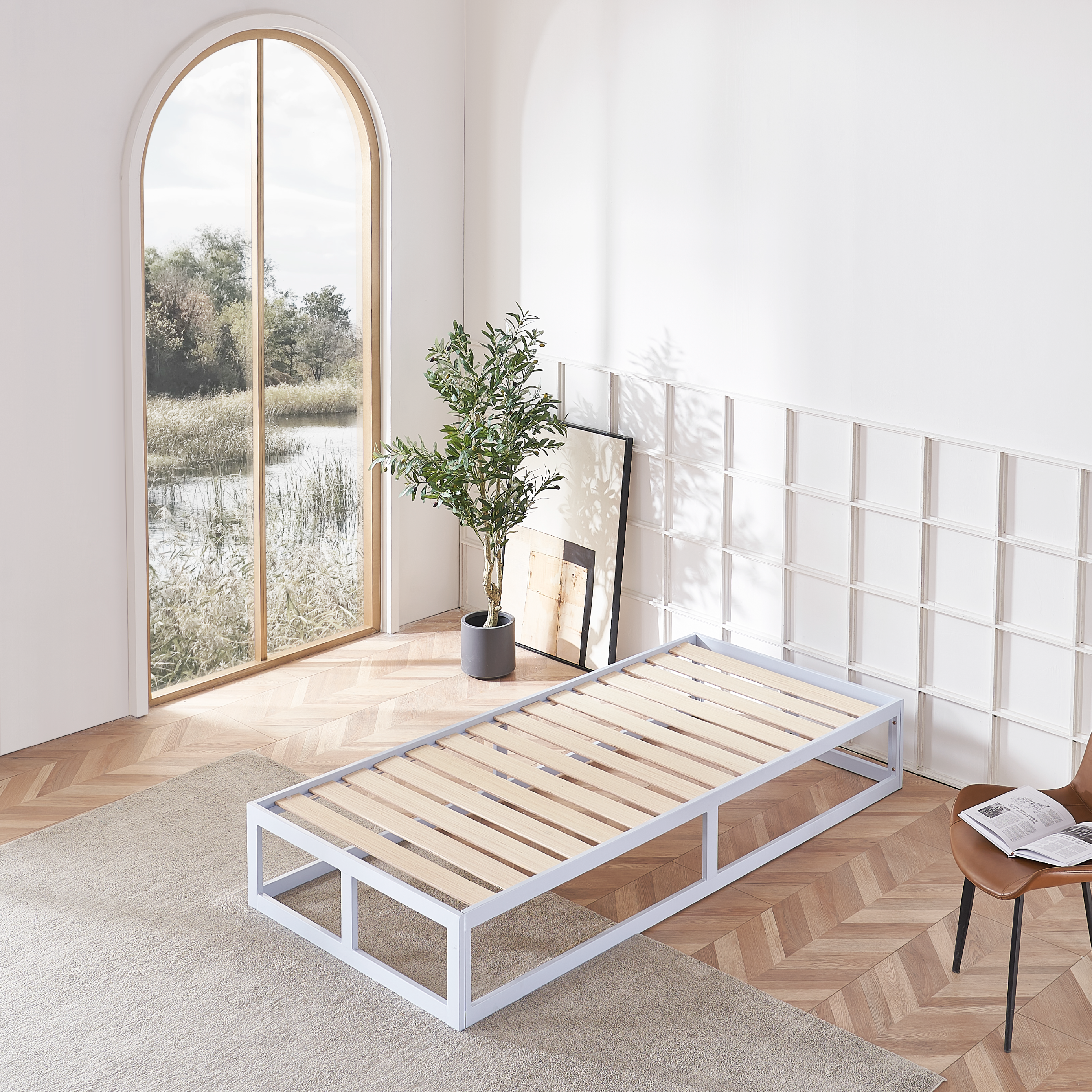 HARUKI Single Bed Frame (White) | Clean, Minimalist Aesthetic | Sturdy Wood Slats, Easy Preassembled Setup