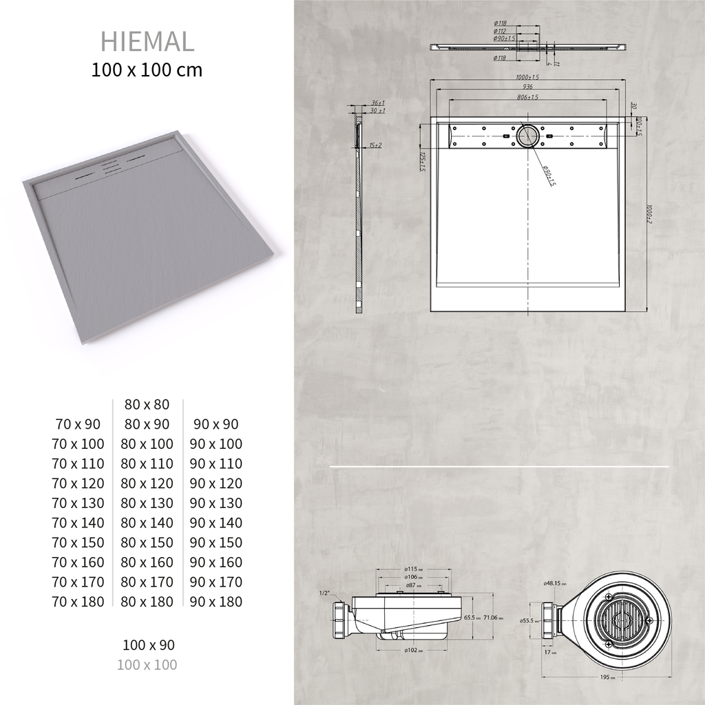 HIEMAL - Piatto doccia grigio antiscivolo, resistente e durevole - Incl. sifone e griglia inox