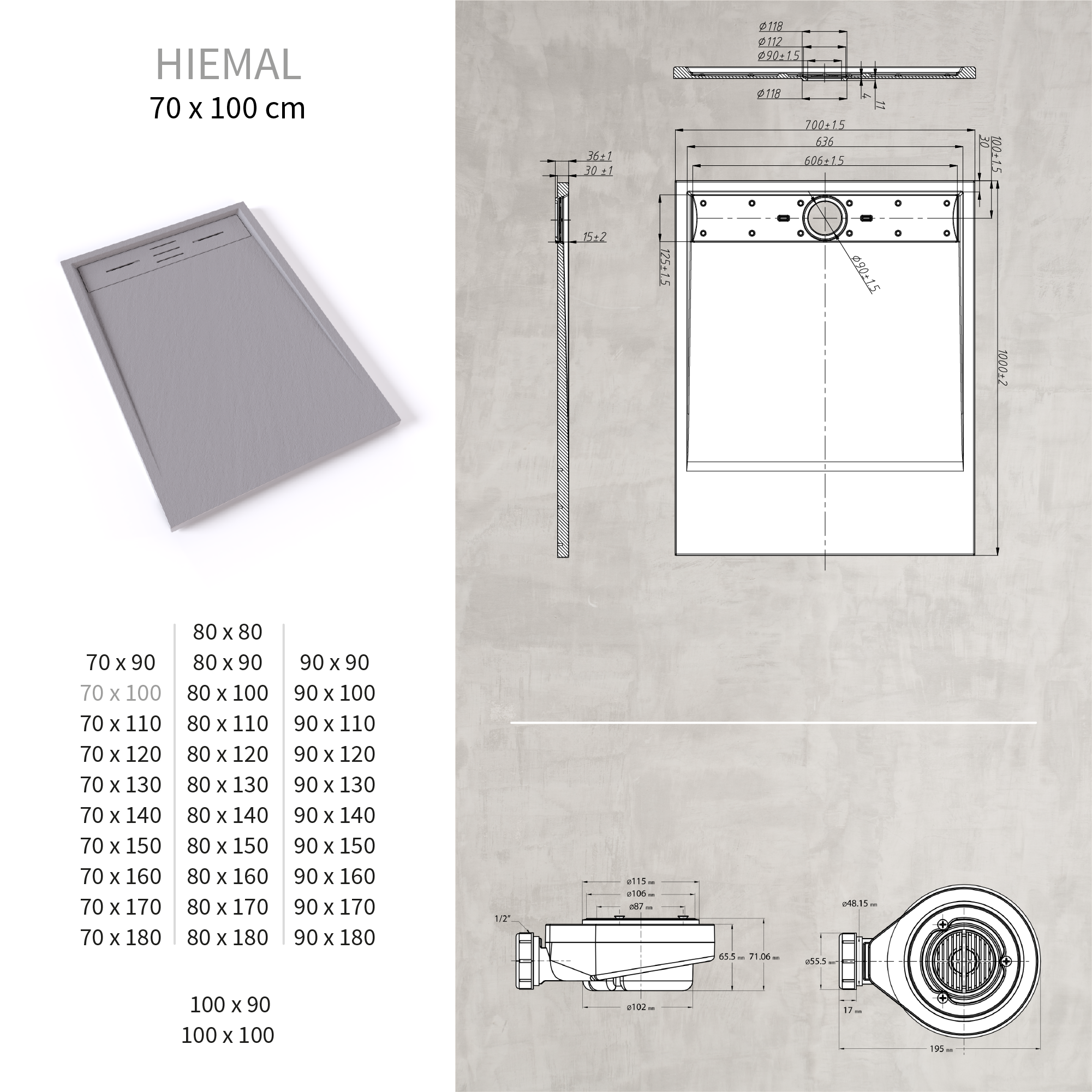 HIEMAL - Piatto doccia grigio antiscivolo, resistente e durevole - Incl. sifone e griglia inox