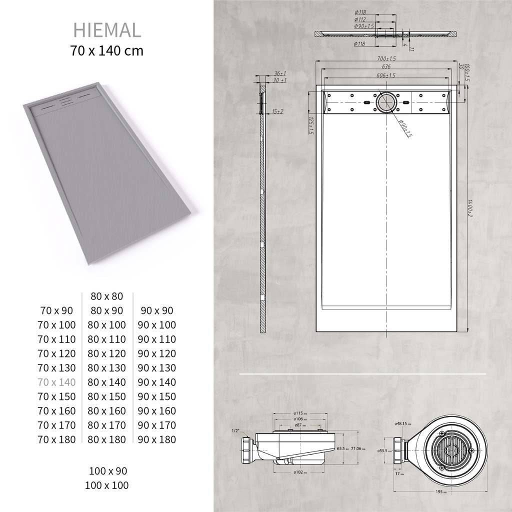 HIEMAL - Piatto doccia grigio antiscivolo, resistente e durevole - Incl. sifone e griglia inox