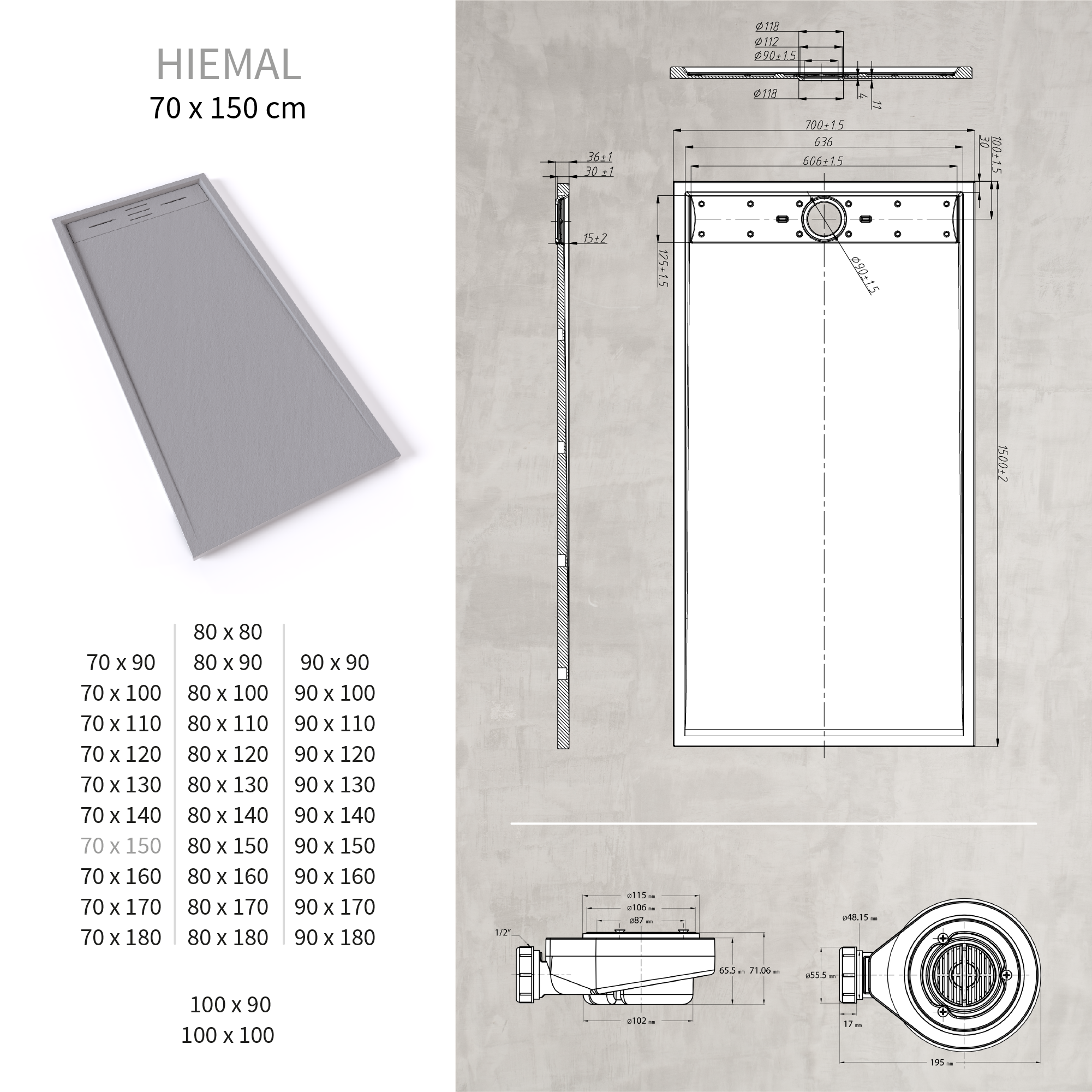 HIEMAL - Piatto doccia grigio antiscivolo, resistente e durevole - Incl. sifone e griglia inox
