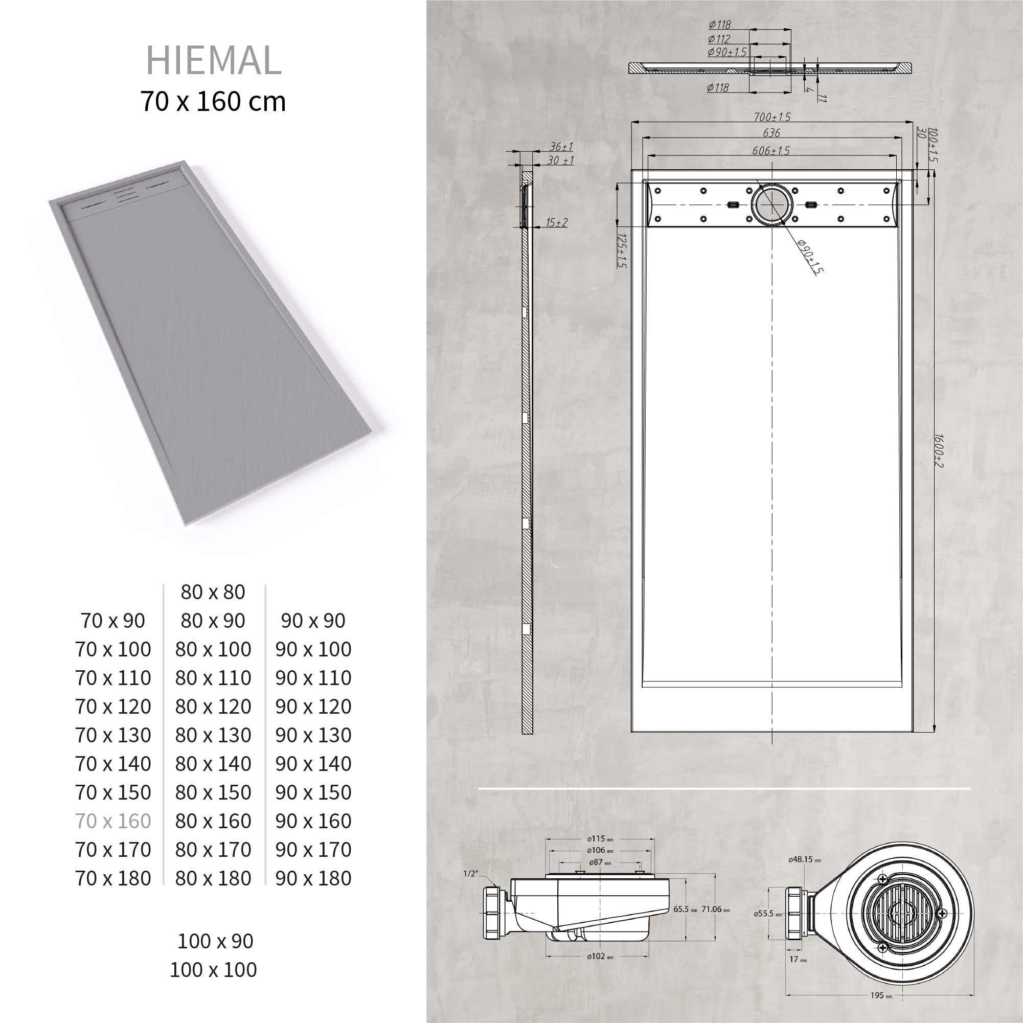 HIEMAL - Piatto doccia grigio antiscivolo, resistente e durevole - Incl. sifone e griglia inox