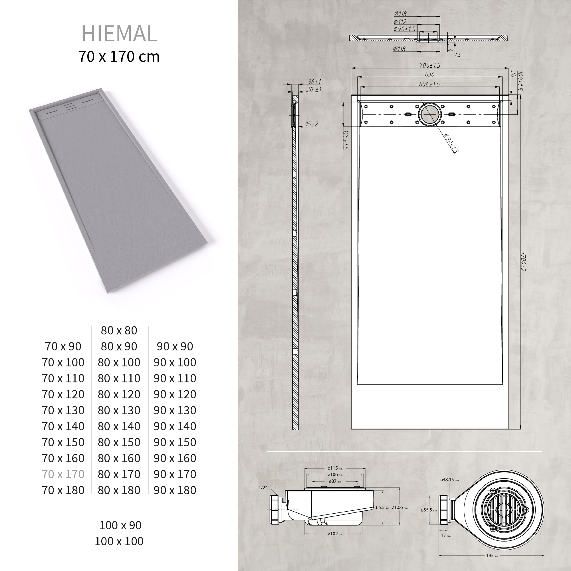 HIEMAL - Piatto doccia grigio antiscivolo, resistente e durevole - Incl. sifone e griglia inox