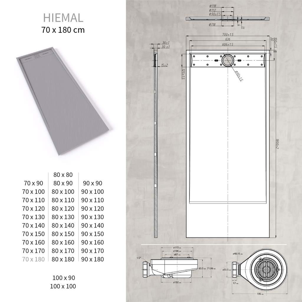 HIEMAL - Piatto doccia grigio antiscivolo, resistente e durevole - Incl. sifone e griglia inox