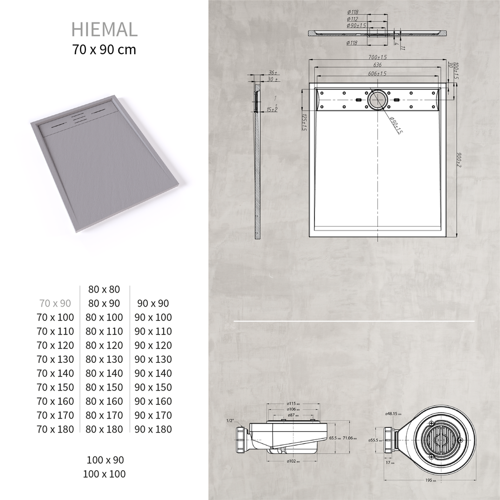 HIEMAL - Piatto doccia grigio antiscivolo, resistente e durevole - Incl. sifone e griglia inox