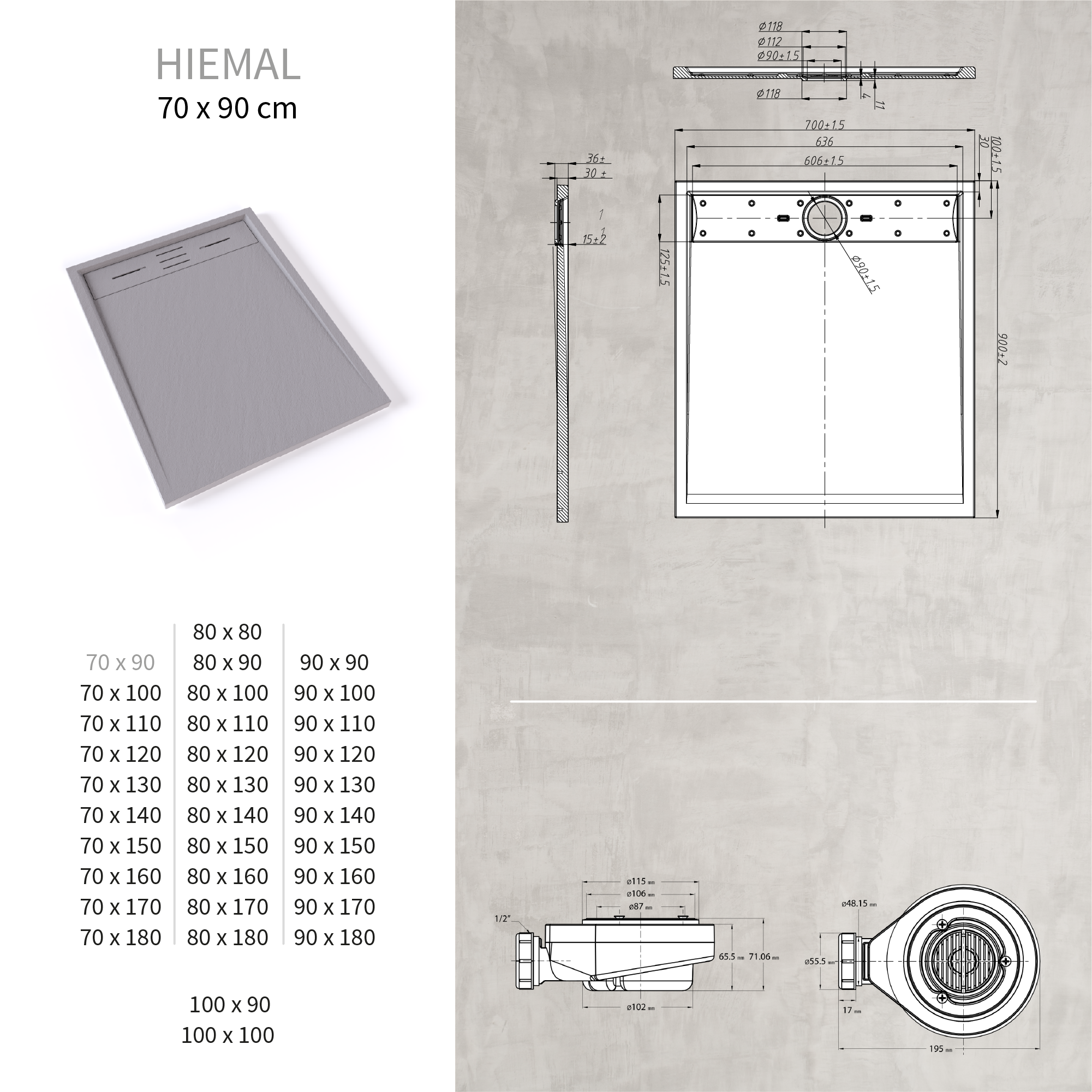 HIEMAL - Piatto doccia grigio antiscivolo, resistente e durevole - Incl. sifone e griglia inox