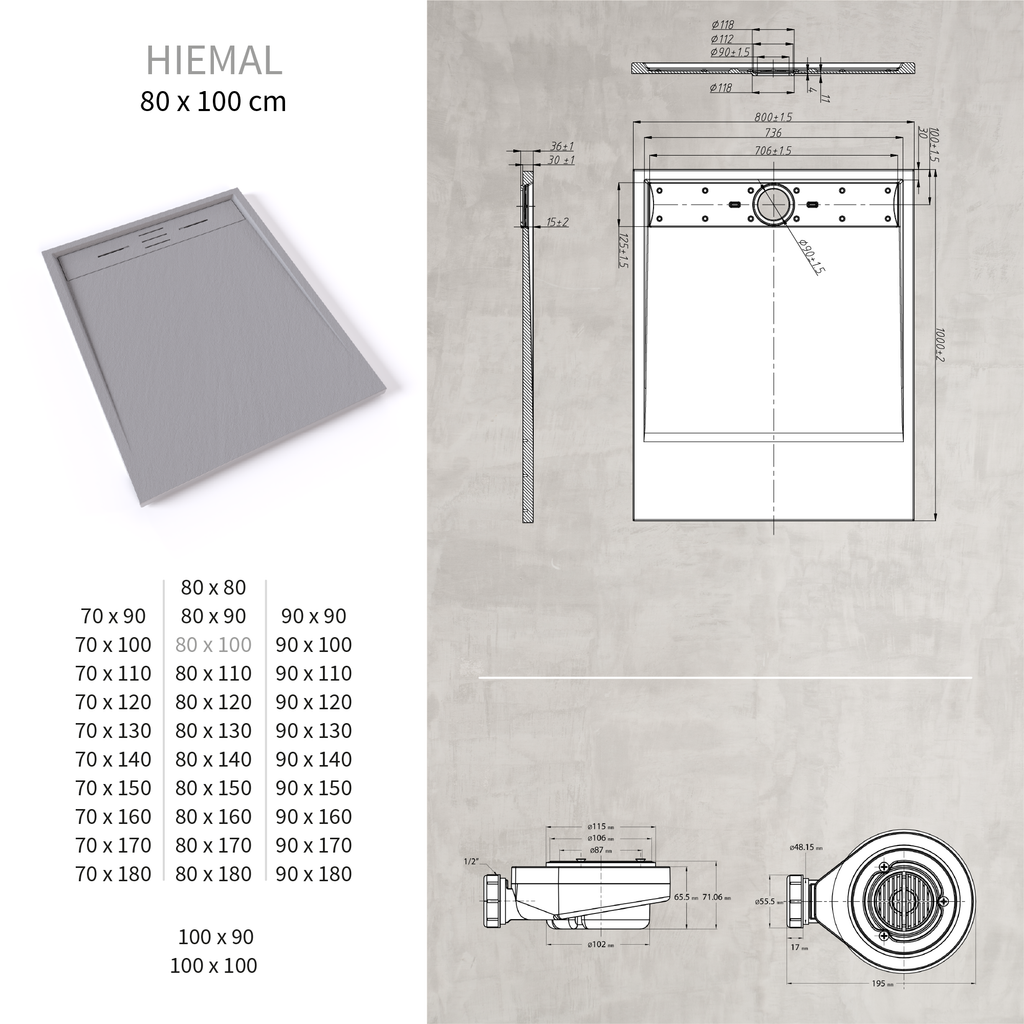 HIEMAL - Piatto doccia grigio antiscivolo, resistente e durevole - Incl. sifone e griglia inox