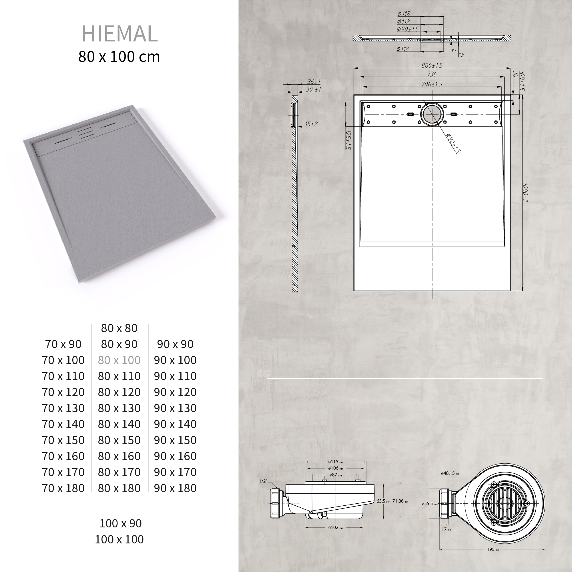 HIEMAL - Piatto doccia grigio antiscivolo, resistente e durevole - Incl. sifone e griglia inox