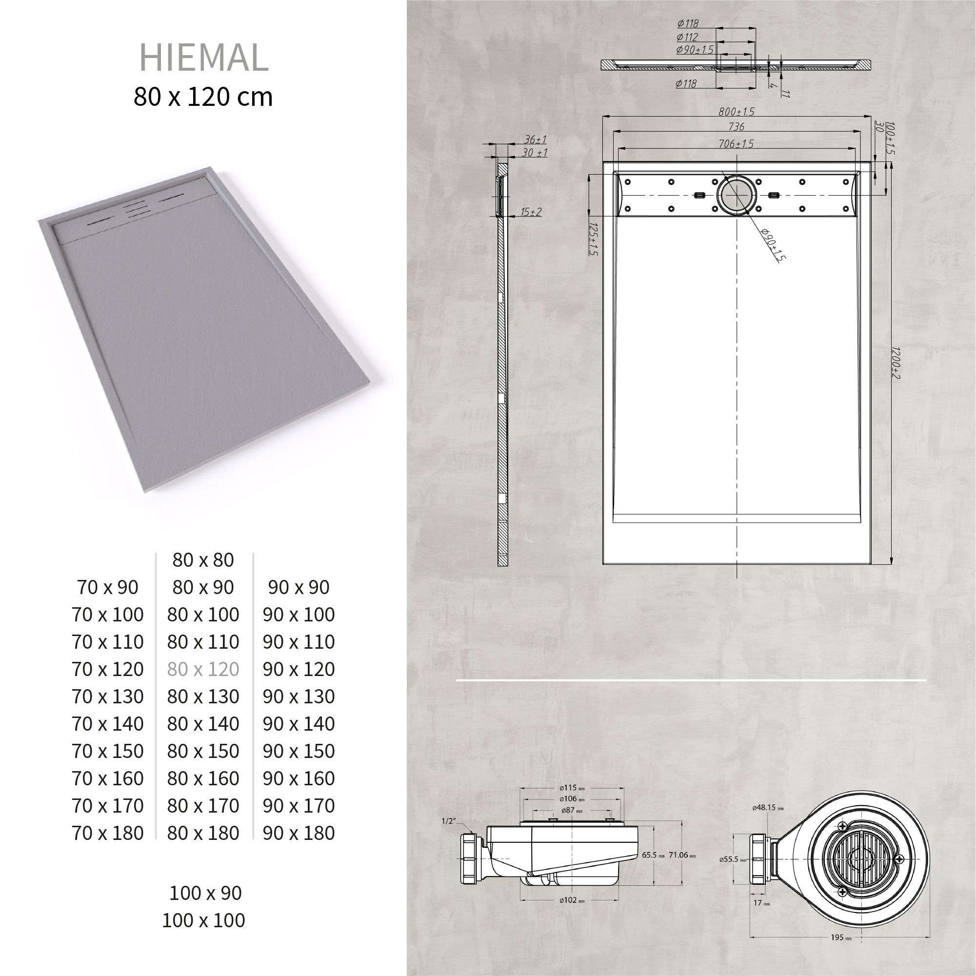HIEMAL - Piatto doccia grigio antiscivolo, resistente e durevole - Incl. sifone e griglia inox