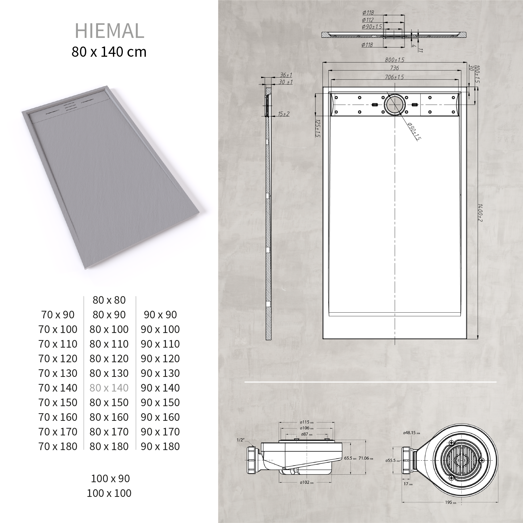 HIEMAL - Piatto doccia grigio antiscivolo, resistente e durevole - Incl. sifone e griglia inox
