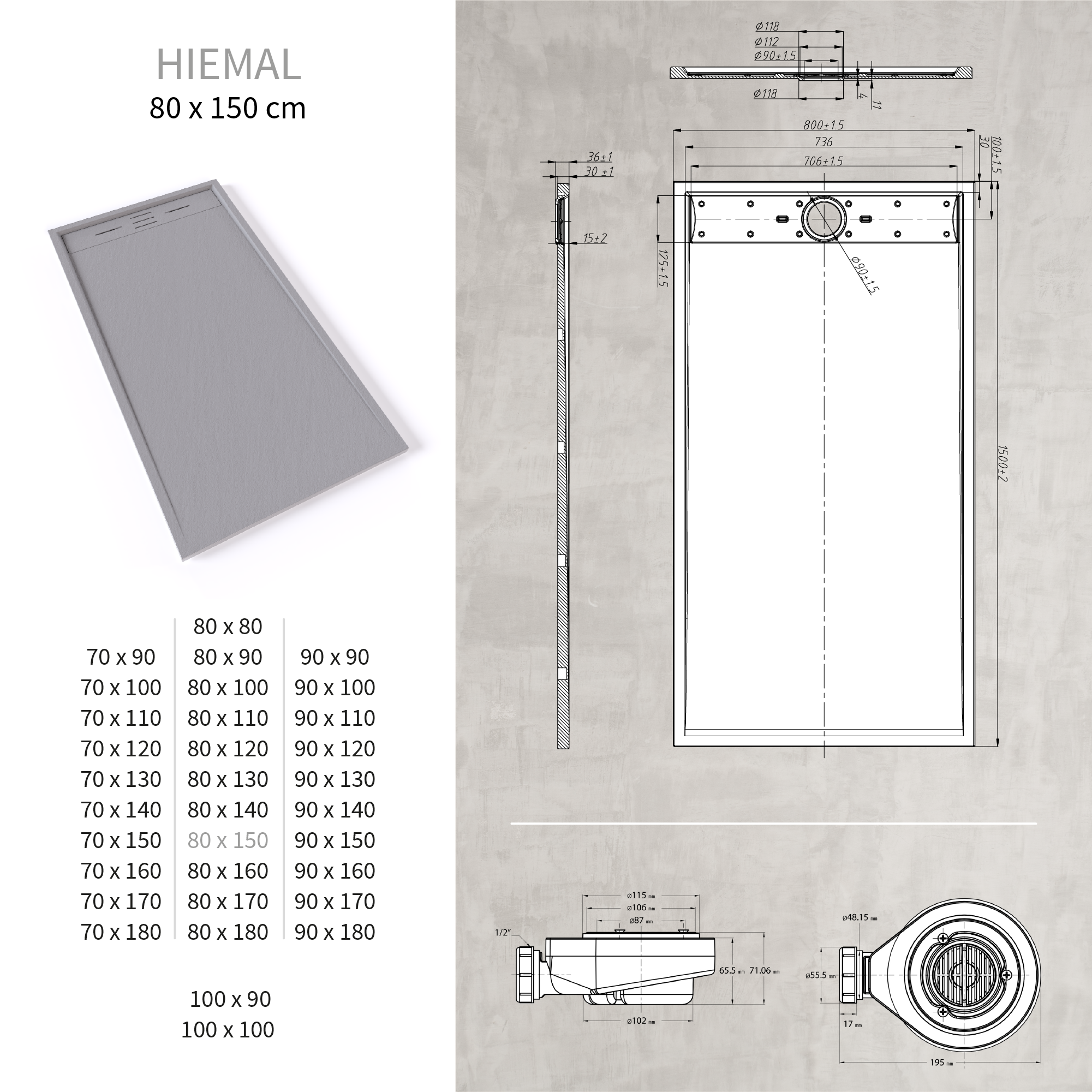 HIEMAL - Piatto doccia grigio antiscivolo, resistente e durevole - Incl. sifone e griglia inox