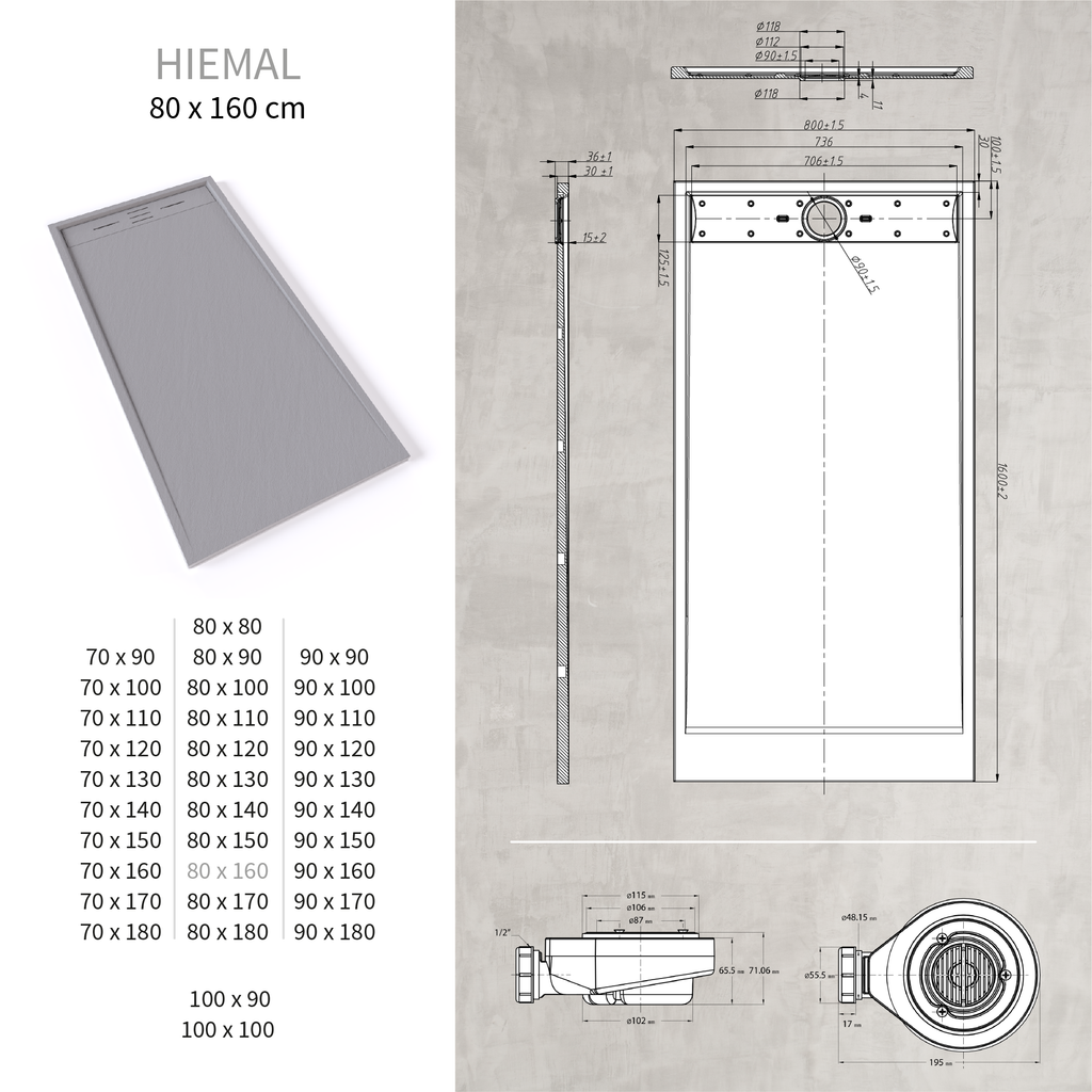HIEMAL - Piatto doccia grigio antiscivolo, resistente e durevole - Incl. sifone e griglia inox