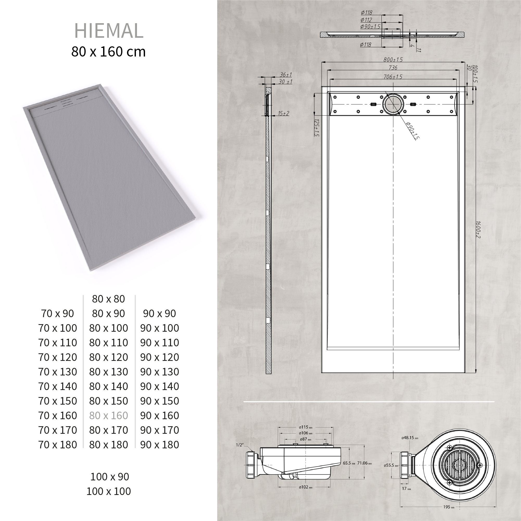 HIEMAL - Piatto doccia grigio antiscivolo, resistente e durevole - Incl. sifone e griglia inox