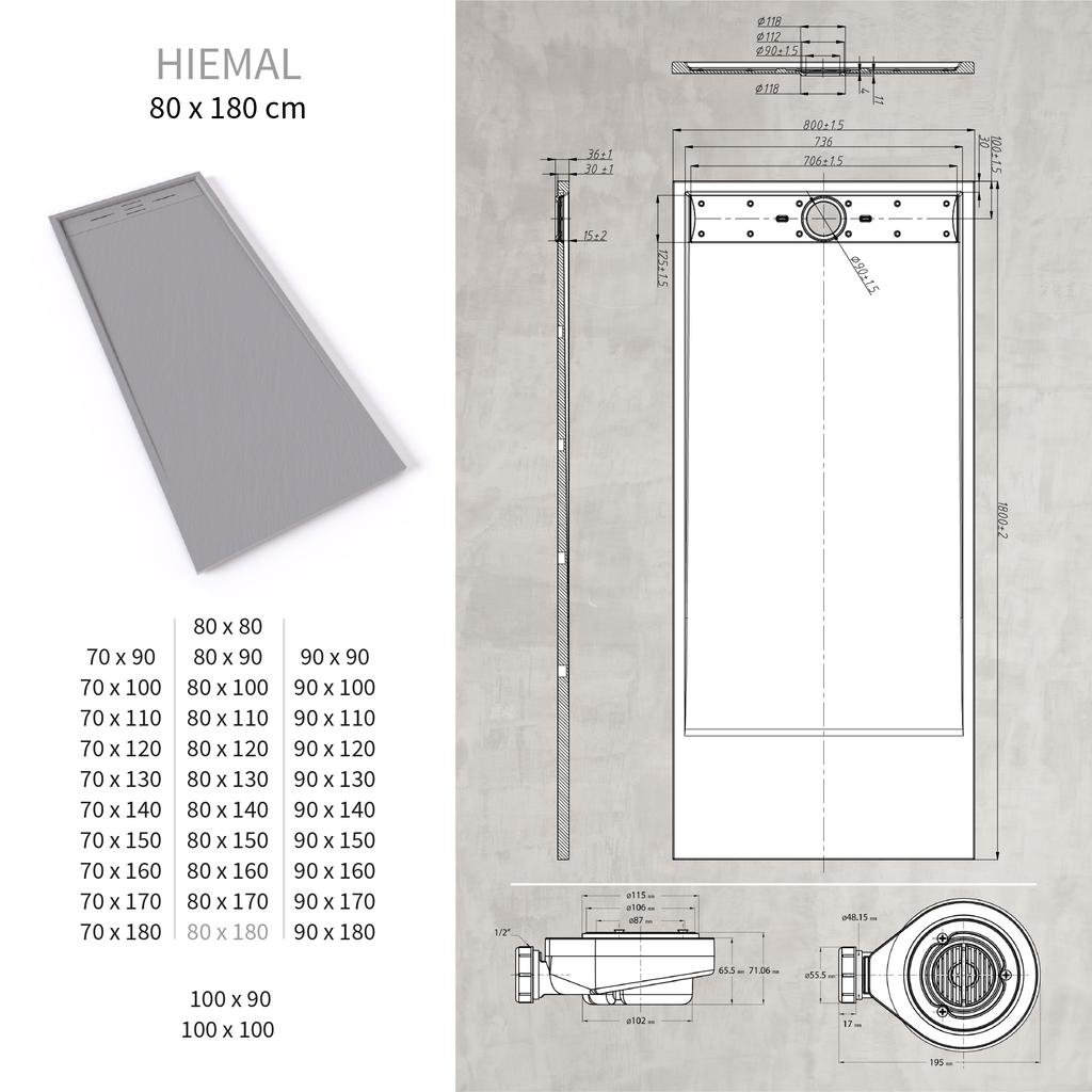 HIEMAL - Piatto doccia grigio antiscivolo, resistente e durevole - Incl. sifone e griglia inox