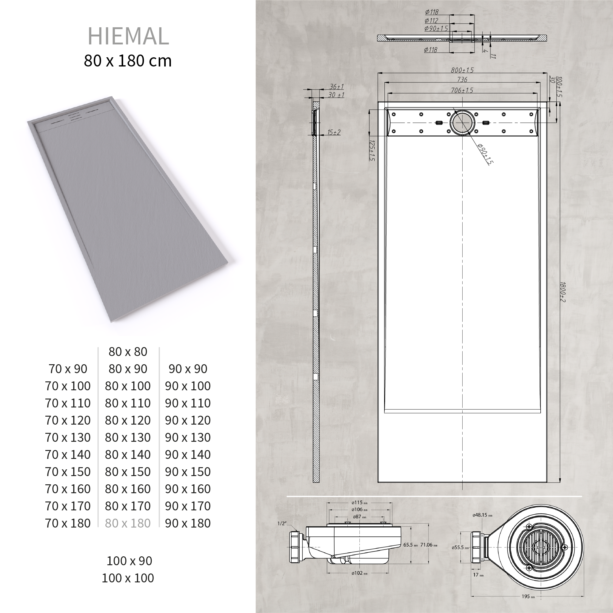HIEMAL - Piatto doccia grigio antiscivolo, resistente e durevole - Incl. sifone e griglia inox