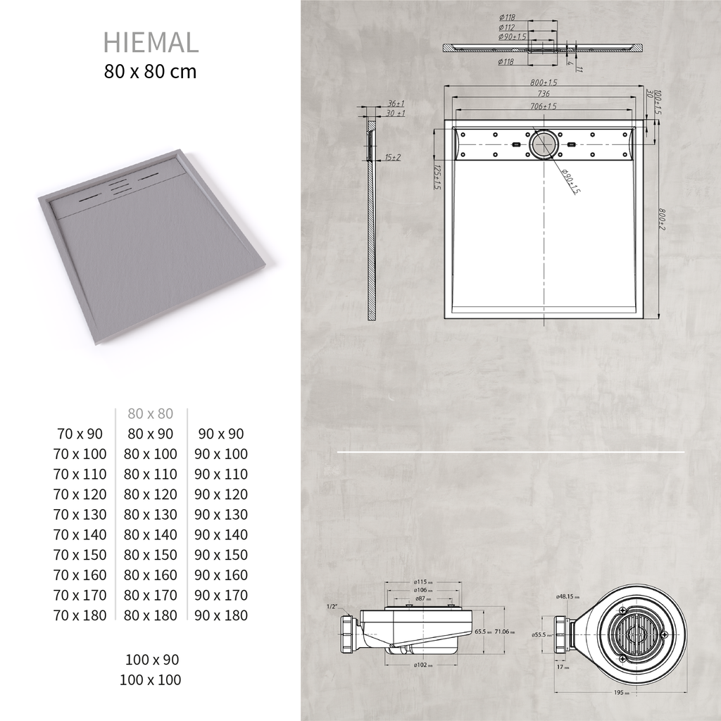 HIEMAL - Piatto doccia grigio antiscivolo, resistente e durevole - Incl. sifone e griglia inox