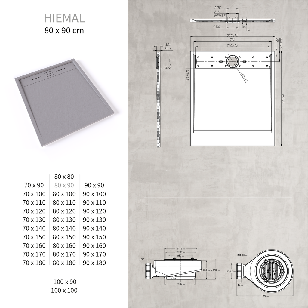 HIEMAL - Piatto doccia grigio antiscivolo, resistente e durevole - Incl. sifone e griglia inox