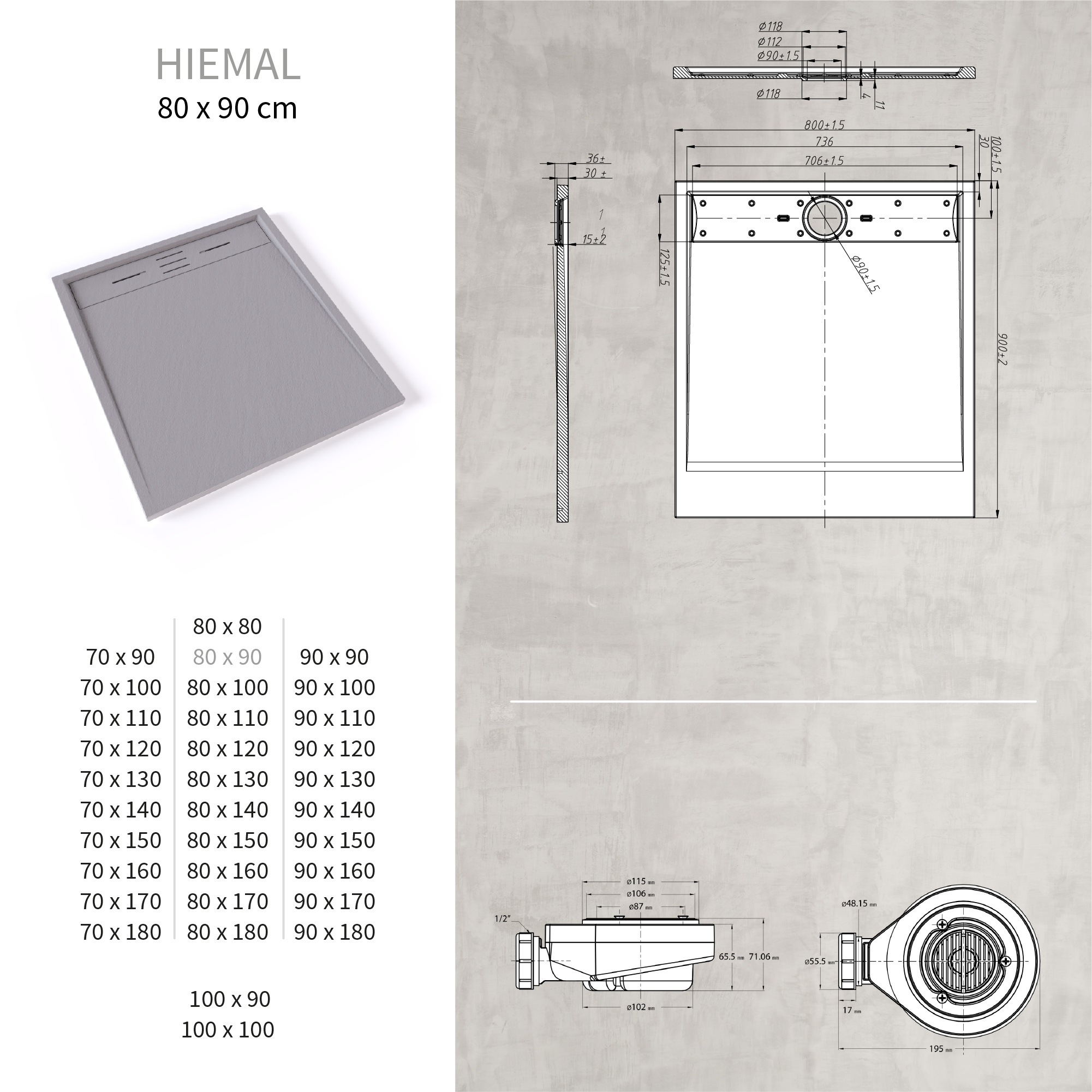 HIEMAL - Piatto doccia grigio antiscivolo, resistente e durevole - Incl. sifone e griglia inox