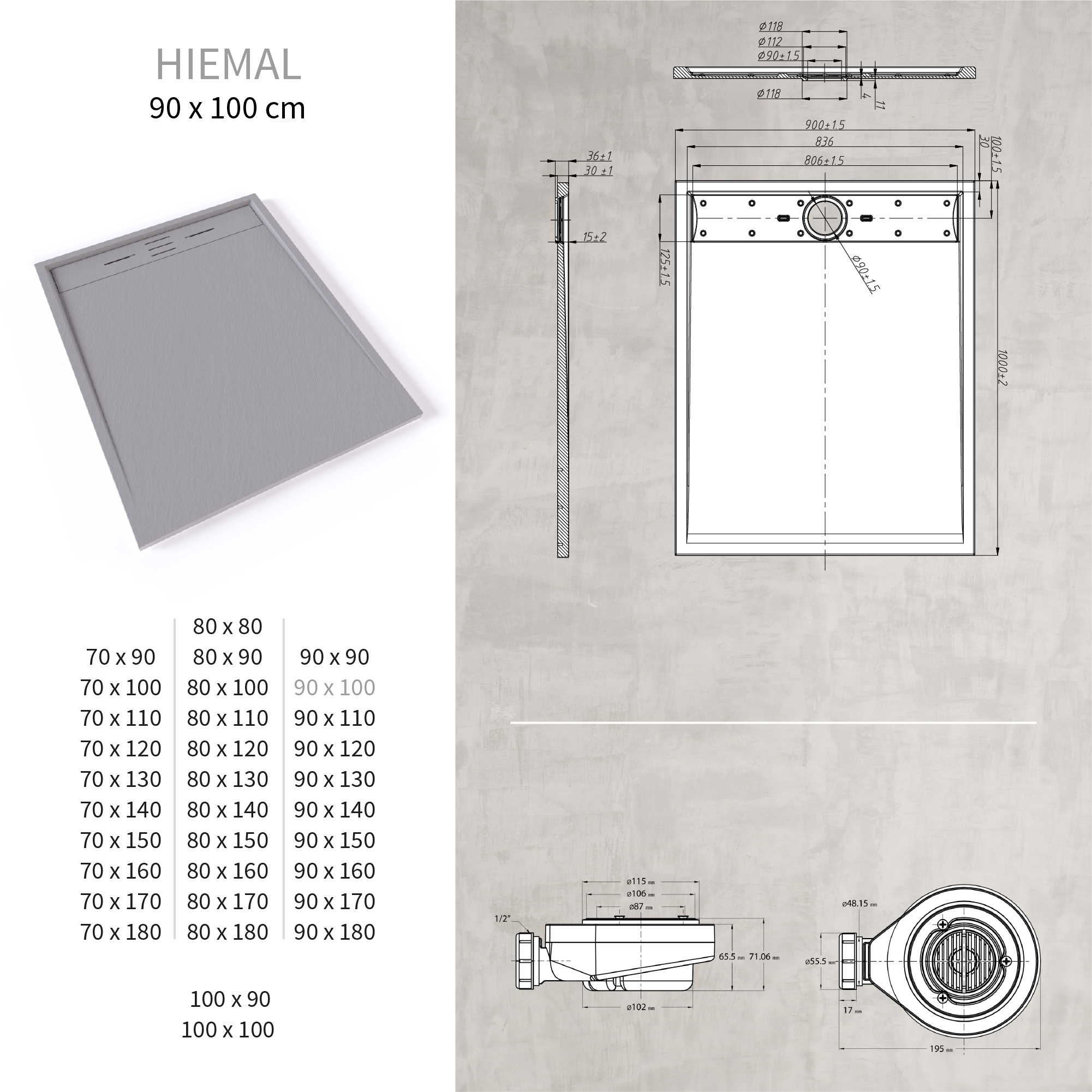 HIEMAL - Piatto doccia grigio antiscivolo, resistente e durevole - Incl. sifone e griglia inox