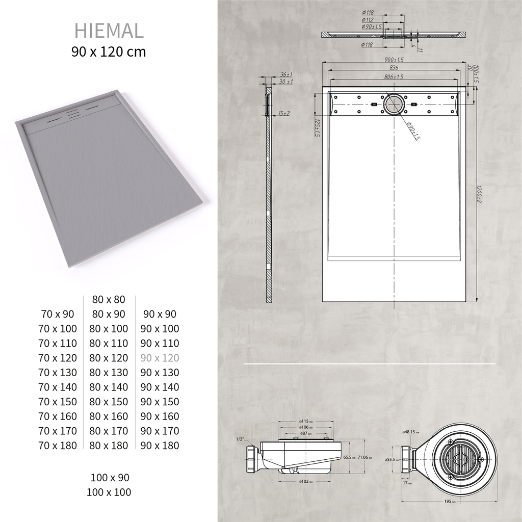 HIEMAL - Piatto doccia grigio antiscivolo, resistente e durevole - Incl. sifone e griglia inox