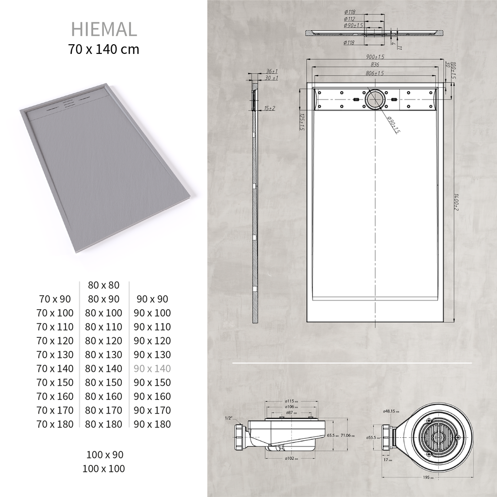 HIEMAL - Piatto doccia grigio antiscivolo, resistente e durevole - Incl. sifone e griglia inox