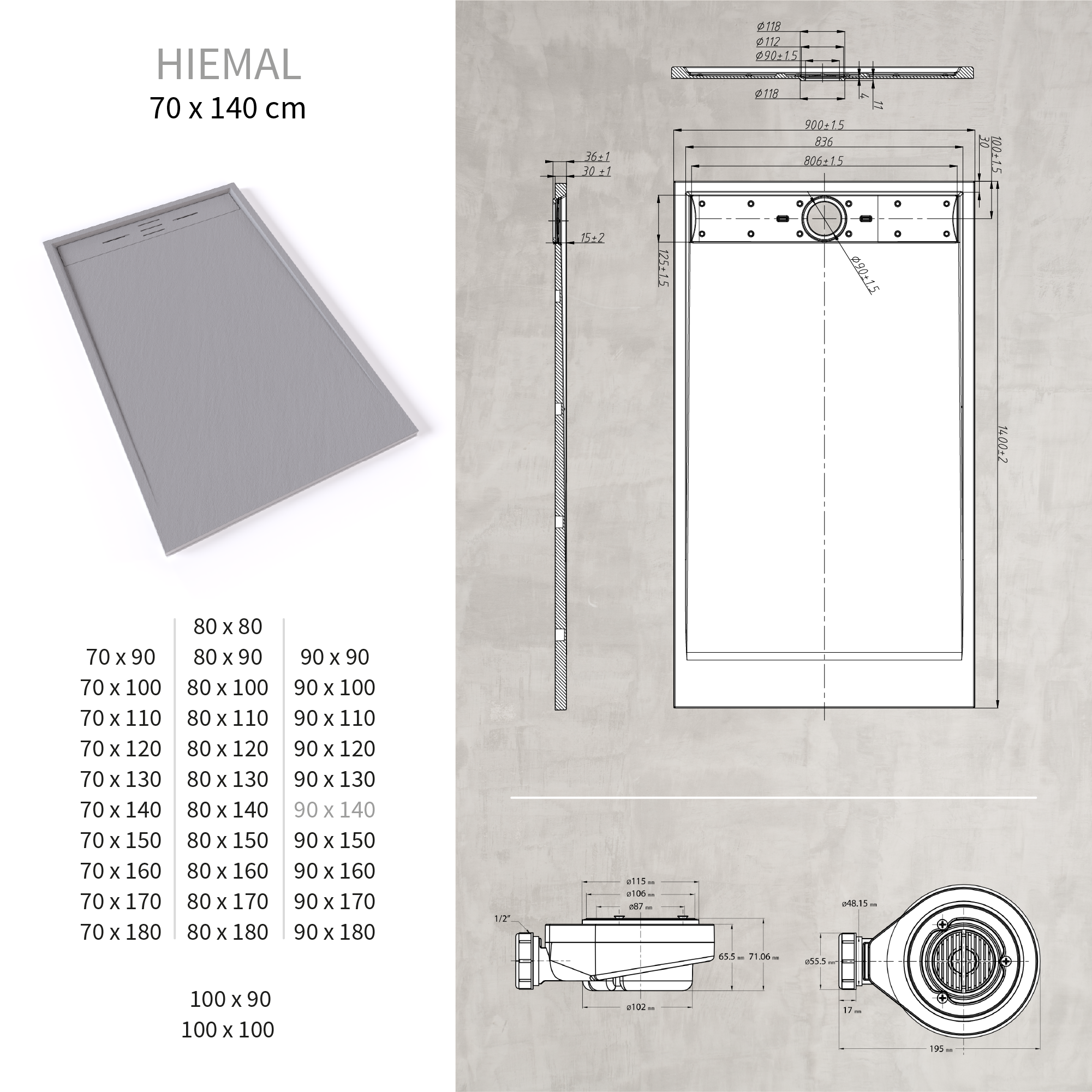 HIEMAL - Piatto doccia grigio antiscivolo, resistente e durevole - Incl. sifone e griglia inox