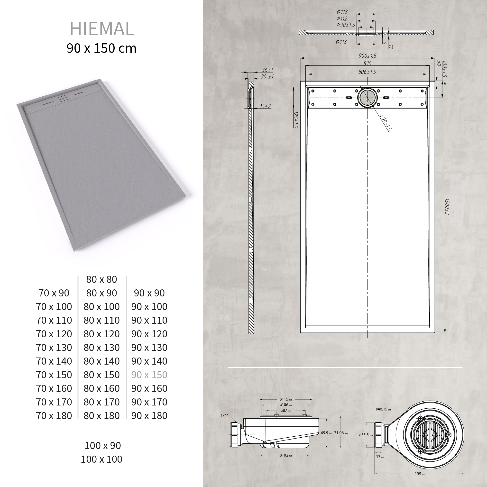 HIEMAL - Piatto doccia grigio antiscivolo, resistente e durevole - Incl. sifone e griglia inox