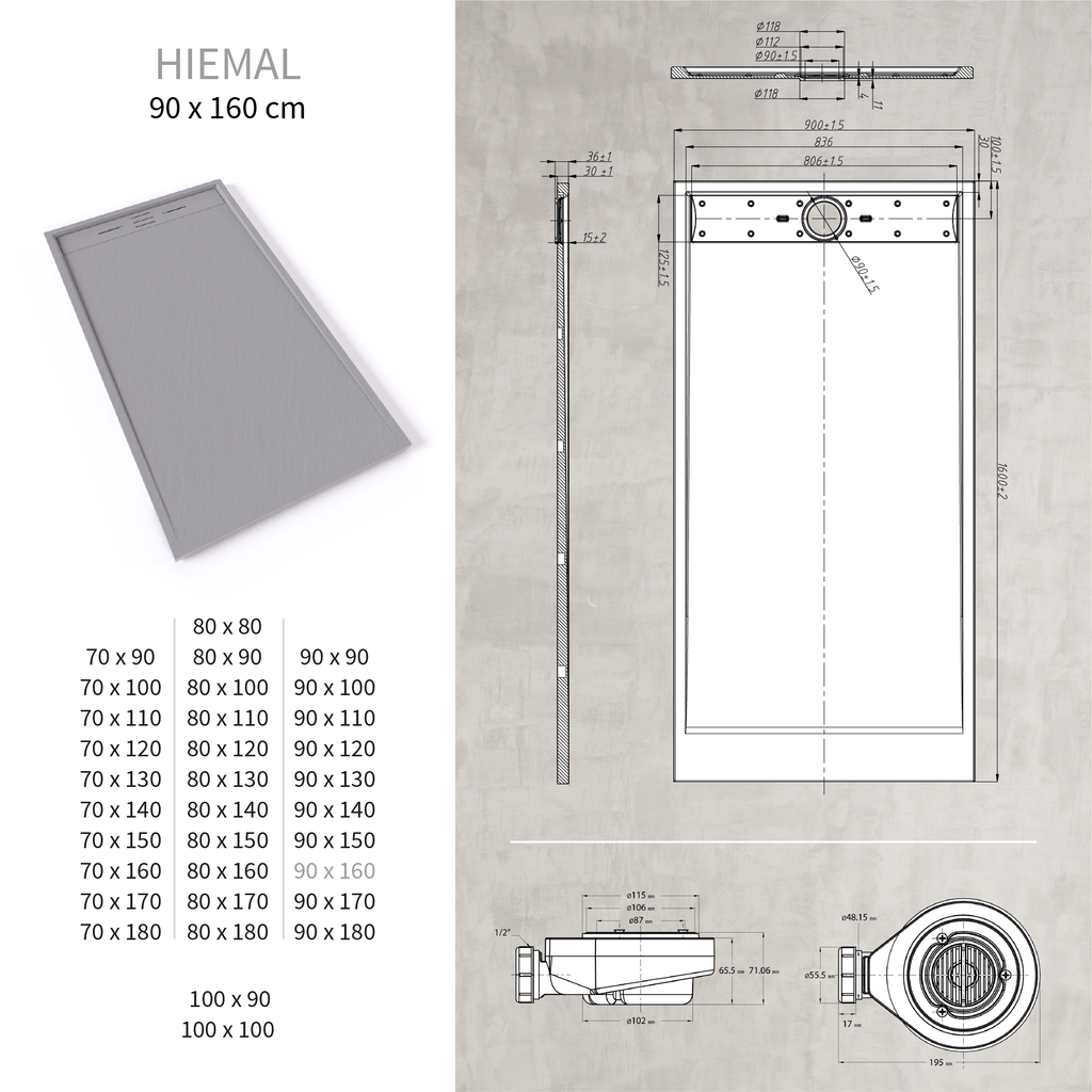 HIEMAL - Piatto doccia grigio antiscivolo, resistente e durevole - Incl. sifone e griglia inox