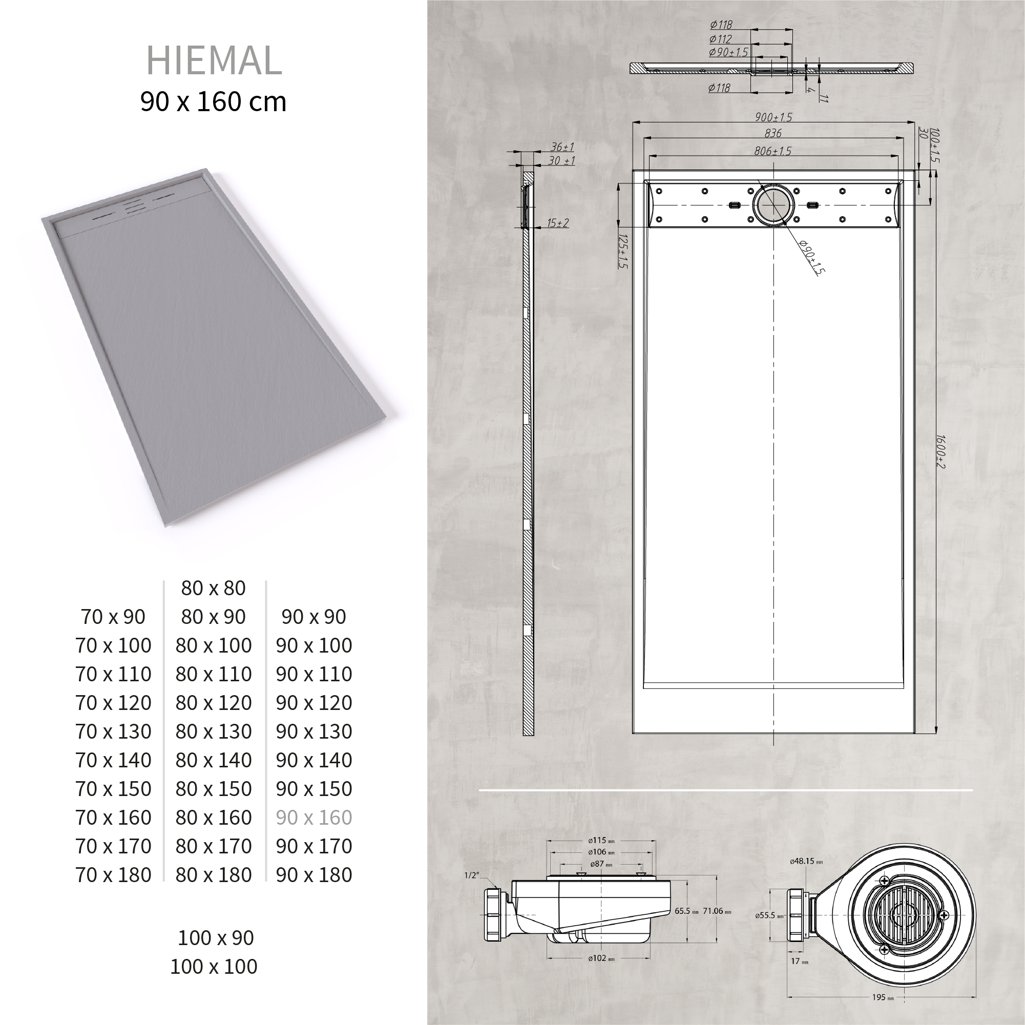 HIEMAL - Piatto doccia grigio antiscivolo, resistente e durevole - Incl. sifone e griglia inox