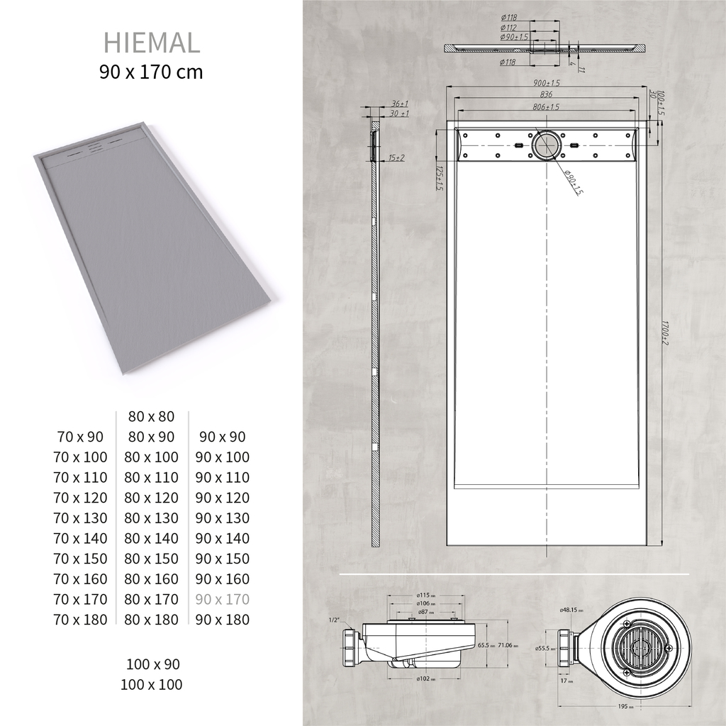 HIEMAL - Piatto doccia grigio antiscivolo, resistente e durevole - Incl. sifone e griglia inox
