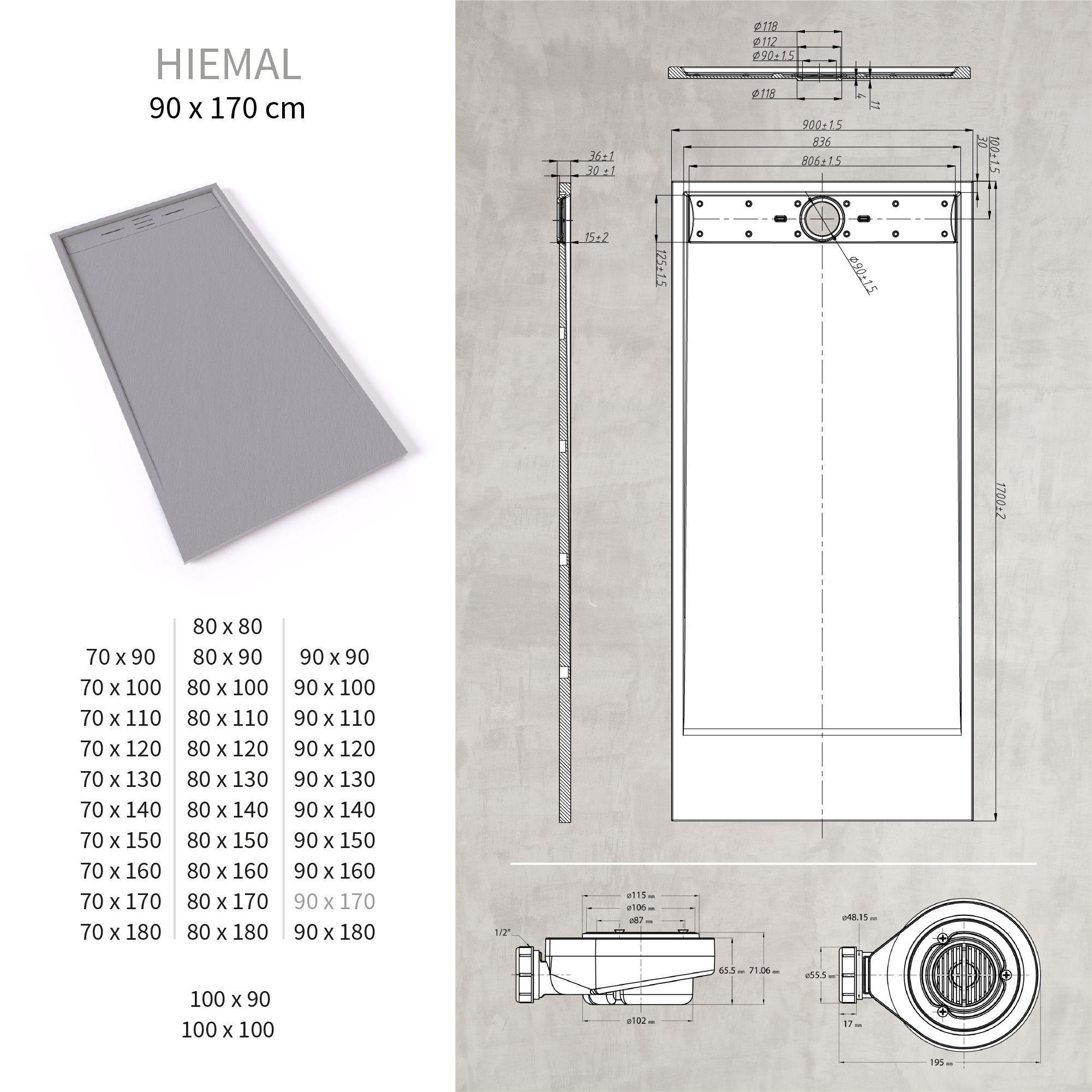HIEMAL - Piatto doccia grigio antiscivolo, resistente e durevole - Incl. sifone e griglia inox