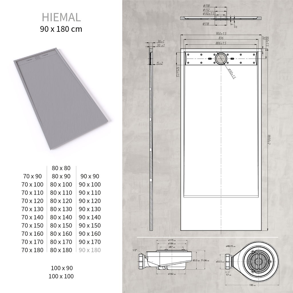 HIEMAL - Piatto doccia grigio antiscivolo, resistente e durevole - Incl. sifone e griglia inox