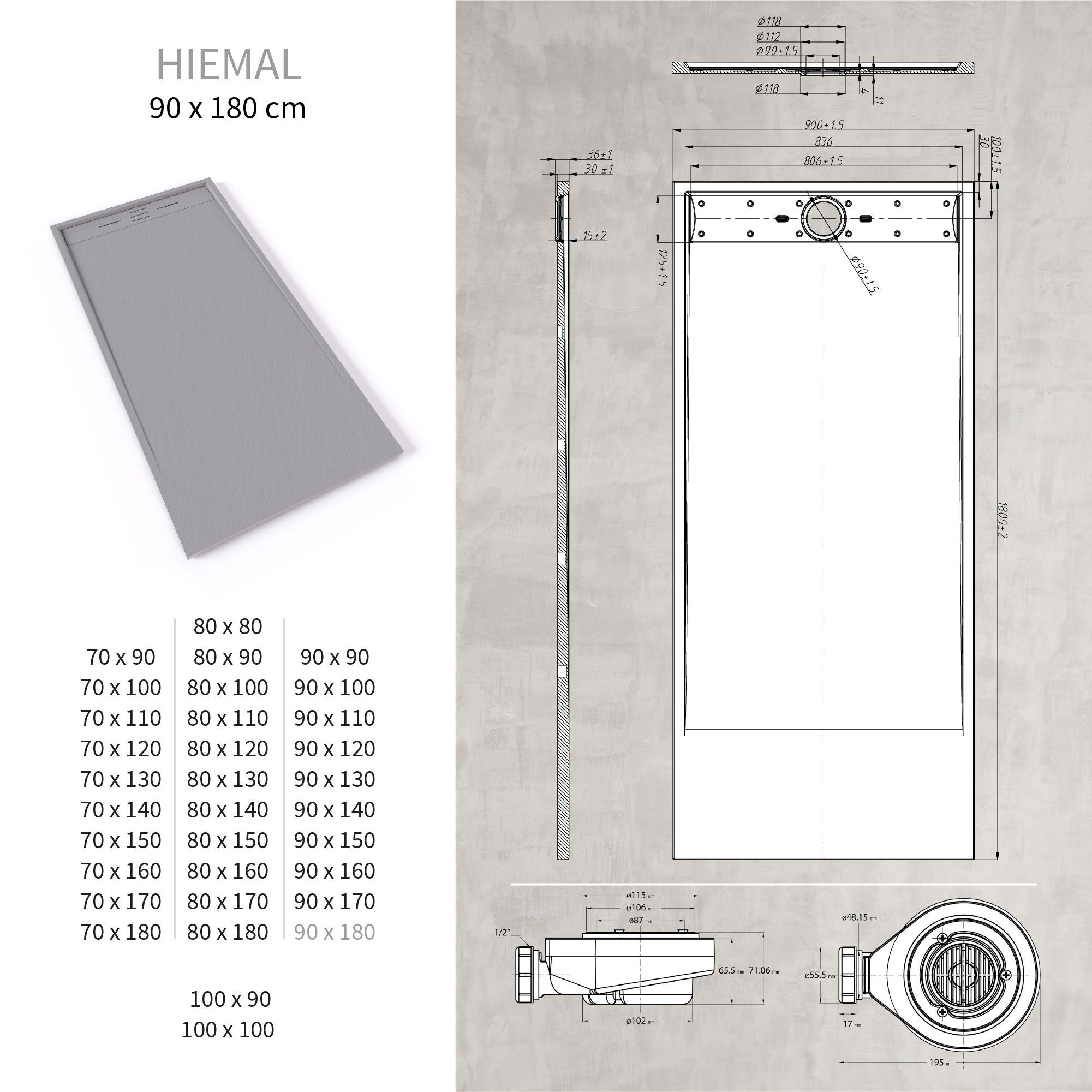 HIEMAL - Piatto doccia grigio antiscivolo, resistente e durevole - Incl. sifone e griglia inox