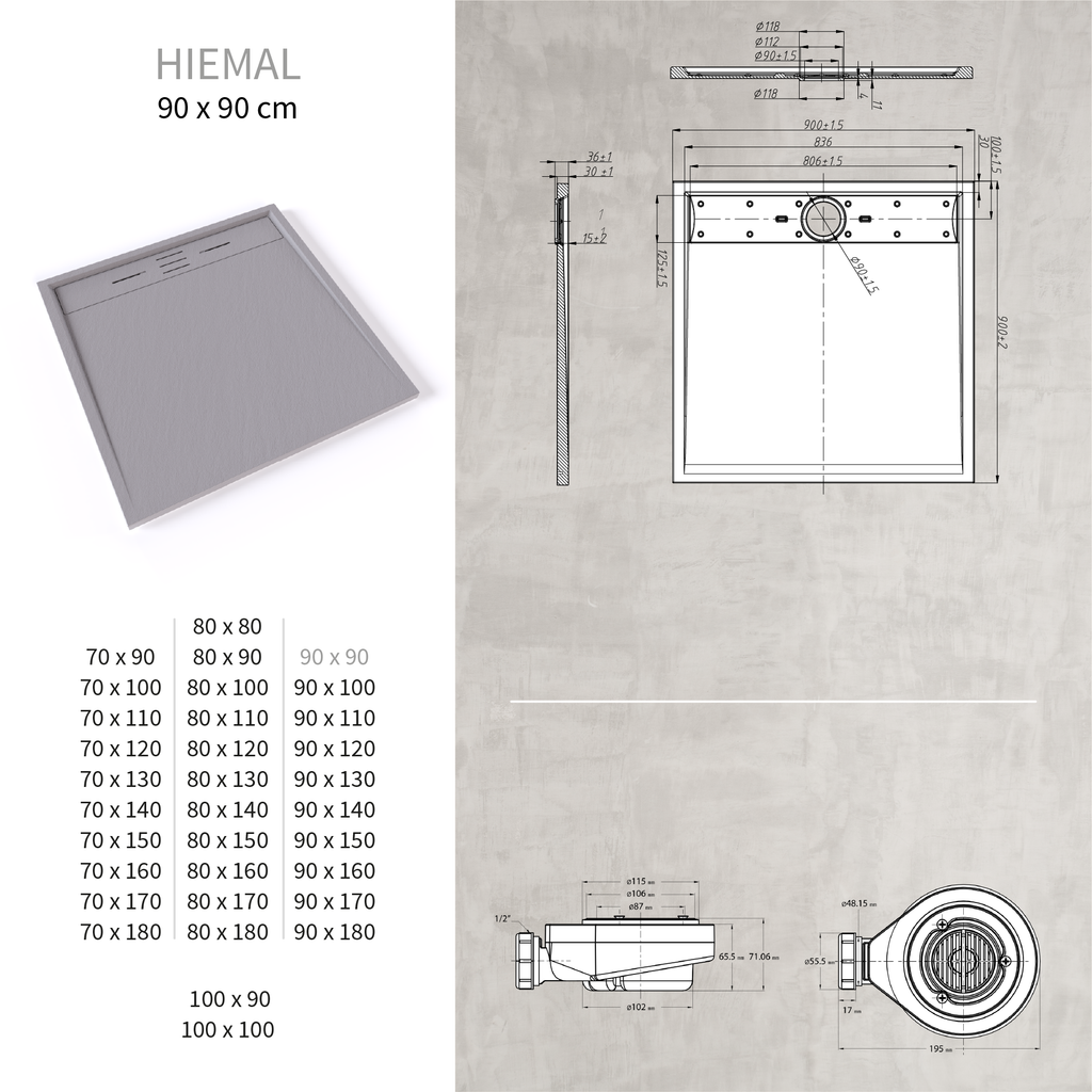 HIEMAL - Piatto doccia grigio antiscivolo, resistente e durevole - Incl. sifone e griglia inox