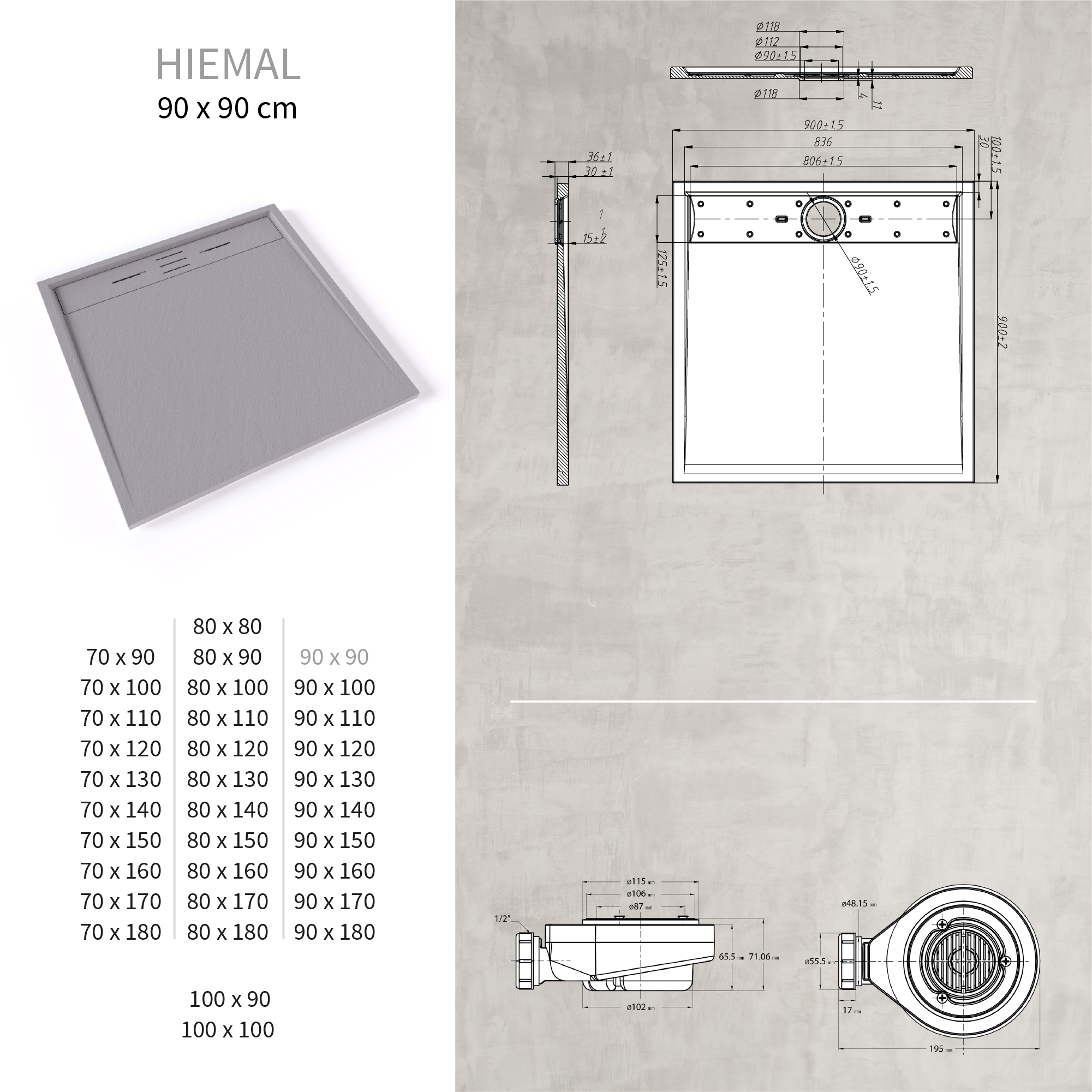 HIEMAL - Piatto doccia grigio antiscivolo, resistente e durevole - Incl. sifone e griglia inox
