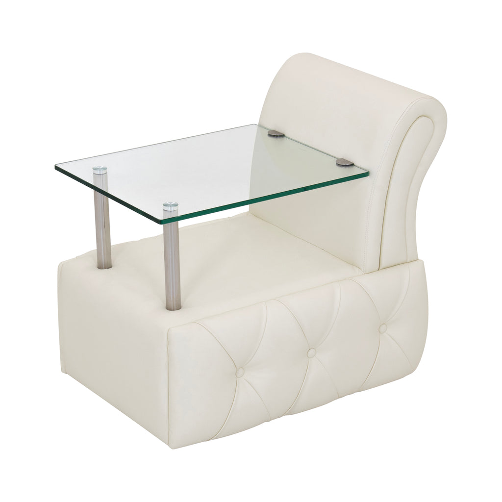 AMOUR - Mesa de cabeceira estofada branca com capitoné e tampo de vidro