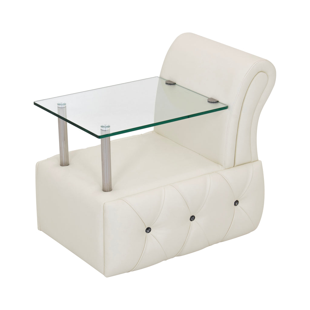 AMOUR - Mesa de cabeceira estofada branca com capitoné, tampo de vidro e botões efeito diamante preto