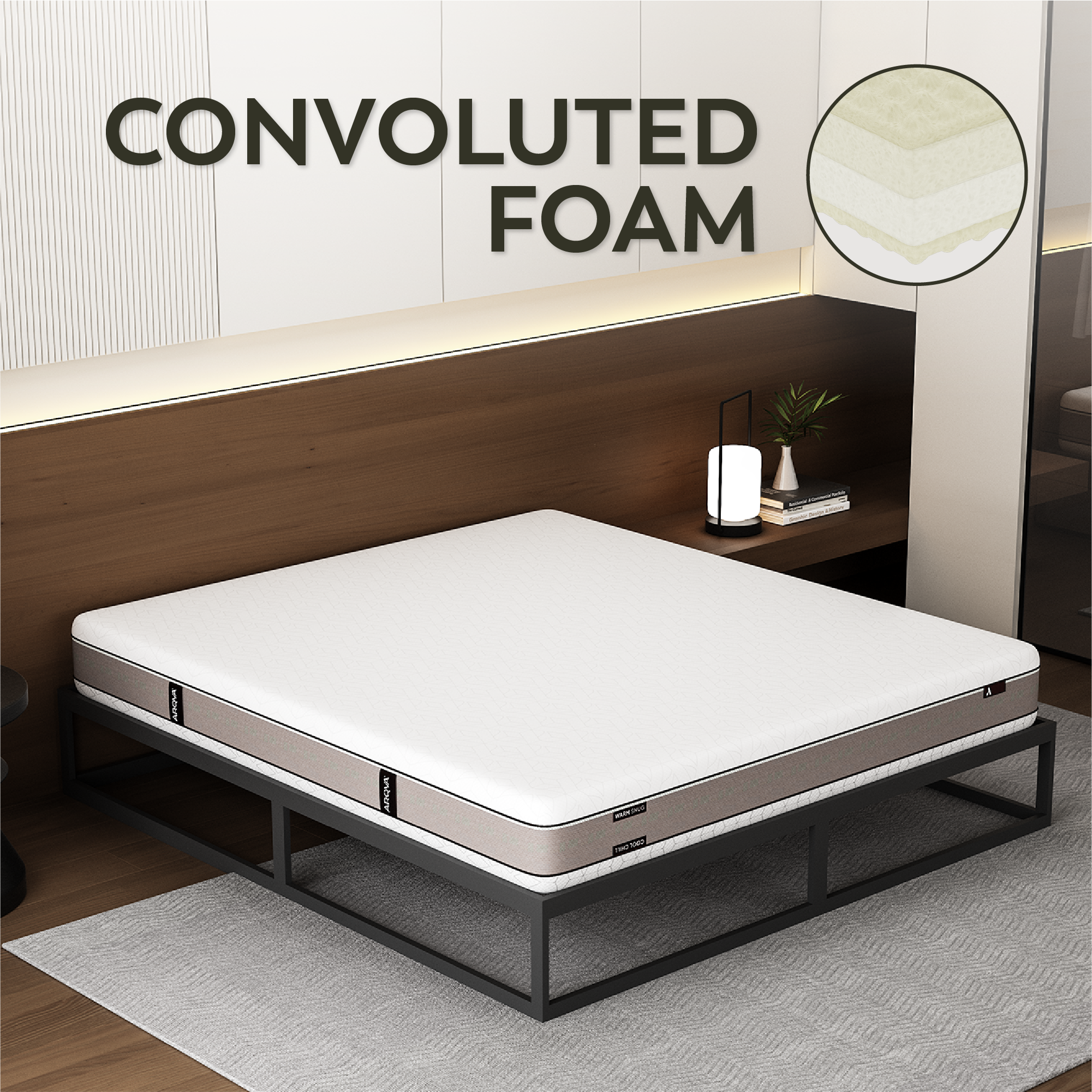 ARQYA Kaeru reversible foam mattress on Haruki bed frame in a modern bedroom