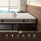 Mattress on a bed frame with 'KAERU' branding and features listed below.