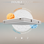 Double-touch reversible mattress topper with warm and cool comfort layers on a gradient background.