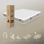 Mattress with packaging and assembly instructions on a beige background