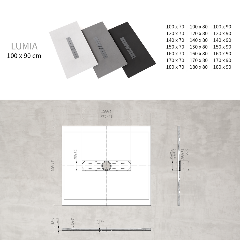 LUMIA - Piatto doccia nero antiscivolo, resistente e durevole - Incl. sifone e griglia inox